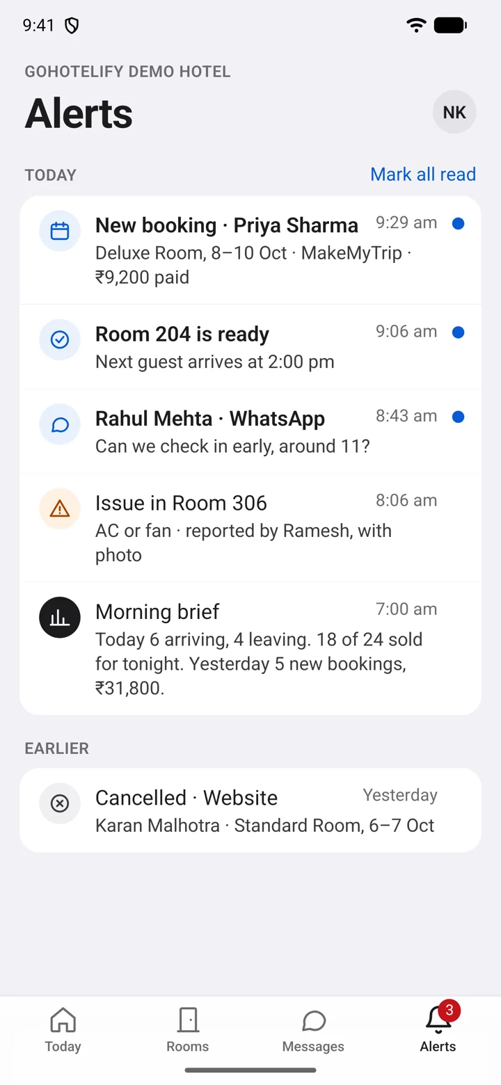 Alerts: new bookings, rooms ready, guest messages, issues reported and the morning brief