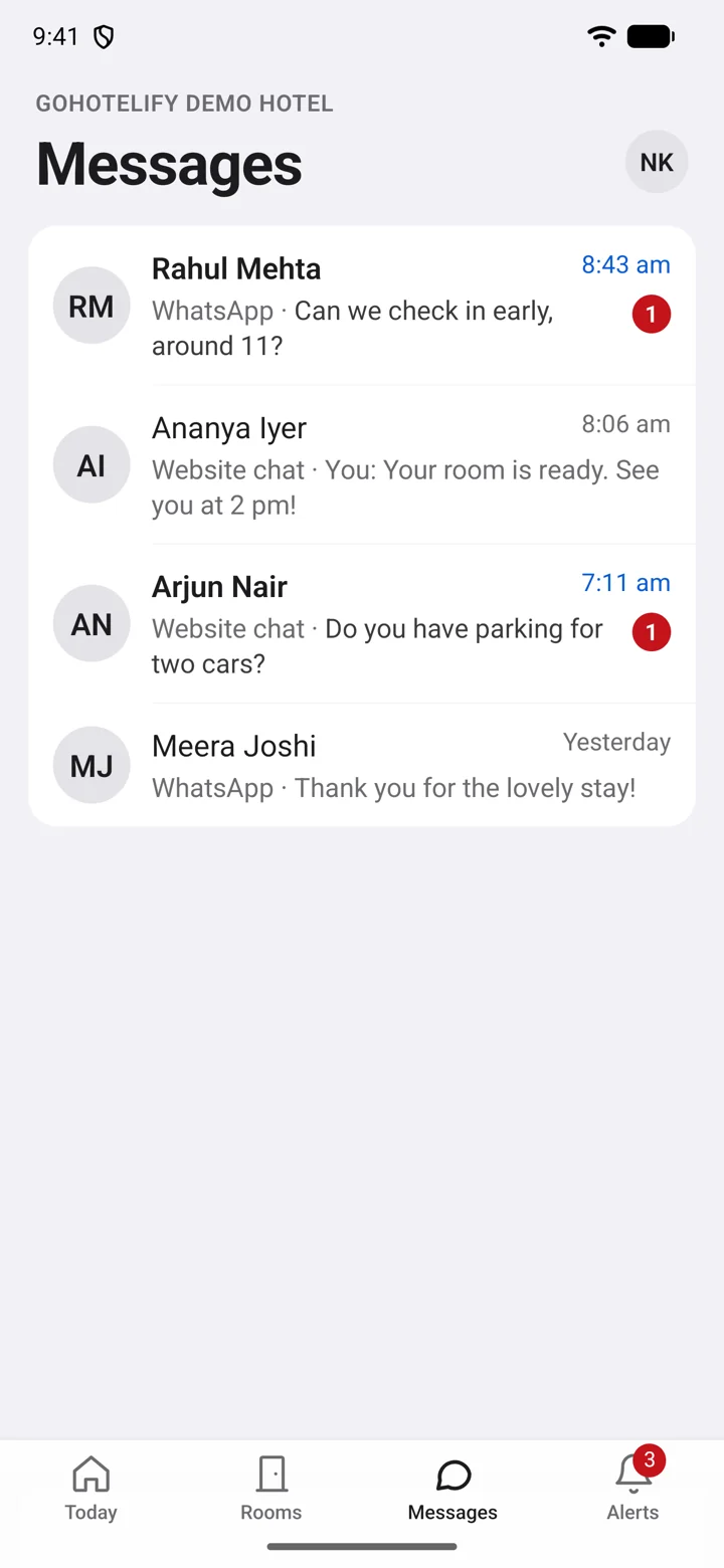 Messages: WhatsApp and website chats with guests, unread ones marked