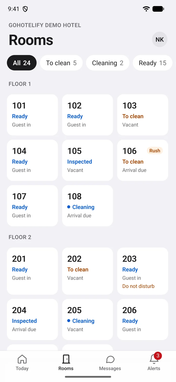 Rooms board: every room by floor with its condition in words — ready, to clean, cleaning, inspected